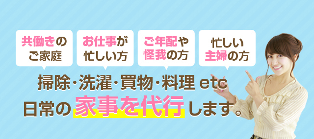 共働きのご家庭・お仕事が忙しい方・ご年配や怪我の方・忙しい主婦の方:掃除・洗濯・買物・料理など日常の家事を代行します。